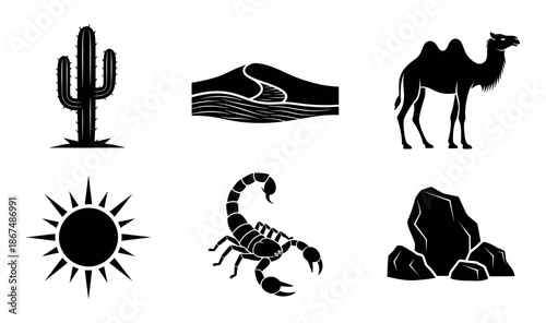 Black desert icons depicting saguaro cactus, sand dunes, a camel, sun, scorpion, and rocks, suitable for travel, nature, or educational graphic applications.