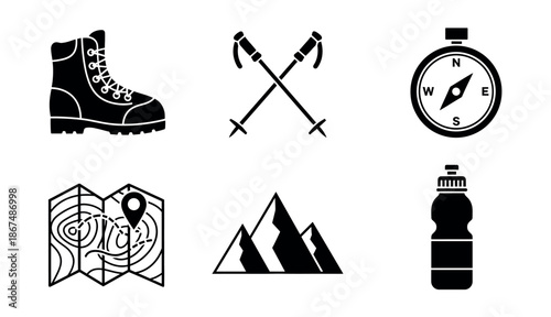 A comprehensive collection of essential monochromatic icons representing hiking, trekking, and outdoor adventure, perfect for web graphics, mobile applications, and travelrelated print