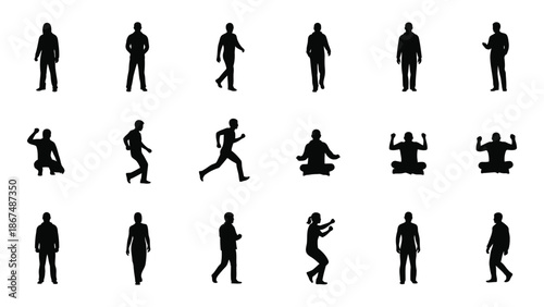 Silhouettes of people in various poses against a plain white background