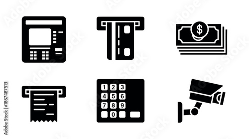 Essential financial transaction and banking service icons featuring an ATM machine, credit card, cash money, receipt, numeric keypad, and surveillance camera for digital interfaces and
