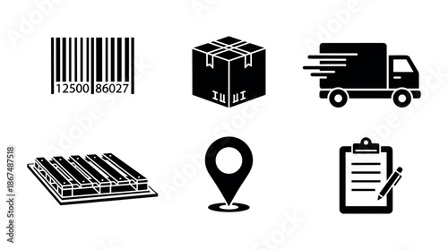 Fundamental logistics icons bundle including barcode, delivery package, moving truck, wooden pallet, location pin, and clipboard, valuable for illustrating global shipping, warehouse