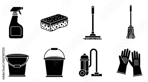 Essential household cleaning tools including spray bottle, sponge, mop, broom, buckets, vacuum cleaner, and gloves, useful for home care and professional janitorial service promotions.