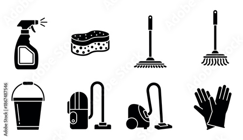 A comprehensive collection of essential household maintenance tools and equipment represented by solid black silhouette icons, perfect for web graphics, app interfaces, and domestic service