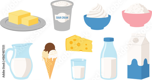 Dairy and Food Products Illustration Set with Butter, Sour Cream, Cheese, Milk, Ice Cream, and Nutrition Concepts for Designs