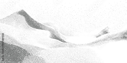 Abstract monochrome stippled landscape with rolling hills and shadows stippling dots