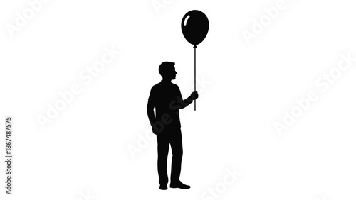 A silhouette of a person holding a black balloon against a white background