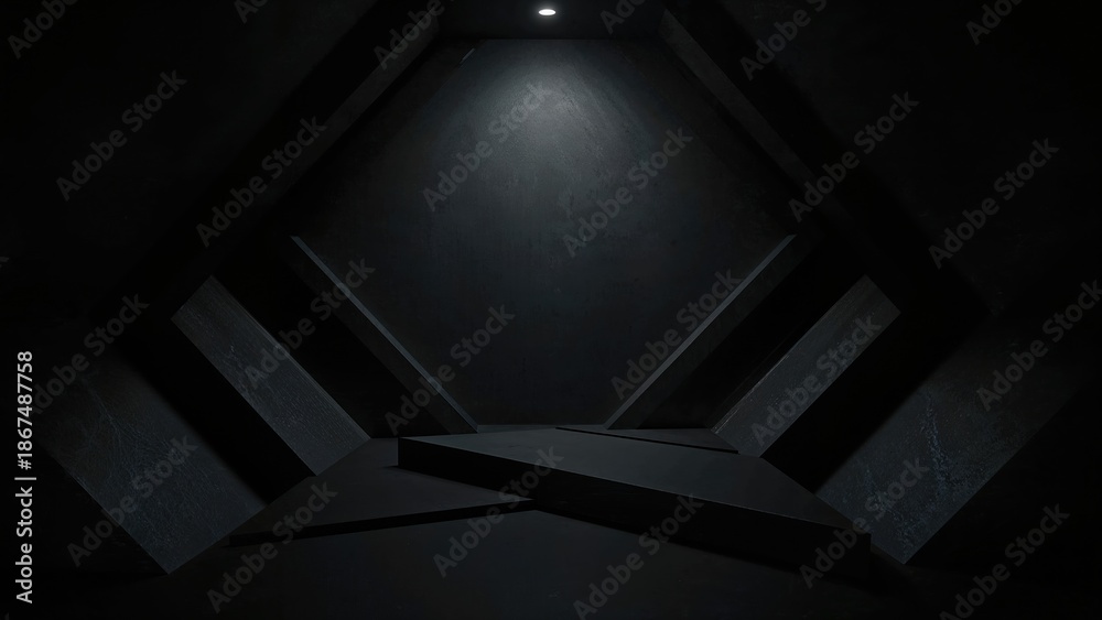 Obraz premium Dark interior space with geometric shapes and lighting. Modern architecture and design. Abstract structure and minimalist style.
