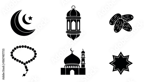 Cultural and religious symbols featuring crescent moon, star, lantern, dates, prayer beads, mosque, eightpointed star, for spiritual holiday graphics and festive designs.