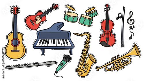 A vibrant collection of diverse musical instruments and sound symbols ideal for music education materials, entertainment event promotions, or creative graphic projects.