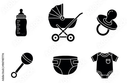 Essential baby items collection featuring a feeding bottle, stroller, pacifier, rattle, diaper, and bodysuit, useful for baby product marketing, parenting blogs, and nursery graphics