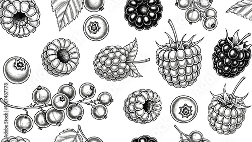 Seamless botanical pattern with hand drawn forest berries including raspberries blueberries blackberries and redcurrants for food packaging textile printing or menu backgrounds