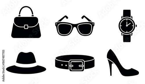 Collection of essential personal accessories depicted as sleek black silhouette icons, perfect for modern digital and print media presentations, ecommerce product categories, and graphic