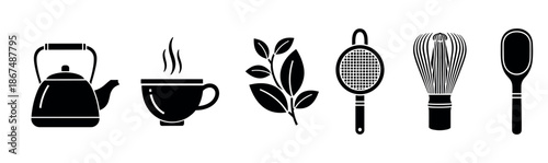 Essential tea preparation and serving tools depicted as silhouettes, perfect for beverage industry applications, cafe menus, and product packaging designs.