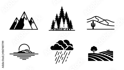 Illustrations of nature scenes including mountains, trees, and landscapes in various weather conditions.