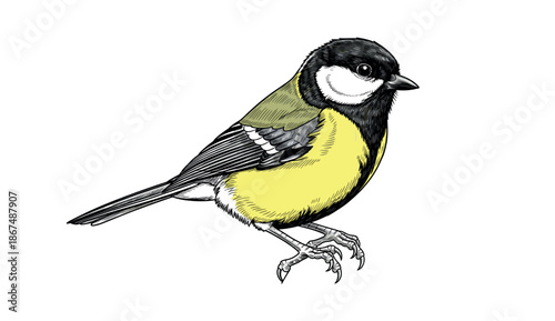 Detailed drawing of a vibrant Great Tit bird, perfect for naturethemed projects, wildlife education, and ecological studies requiring a classic bird representation