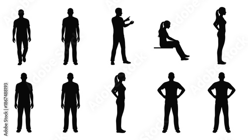 Silhouettes of diverse people in various poses and body language