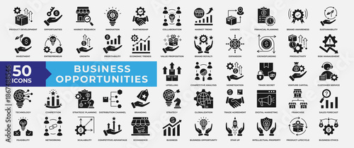 Business Opportunities icon collection set. Containing product development, innovation, investment, partnership, sustainability, market research, strategy and growth icon. Simple solid vector.