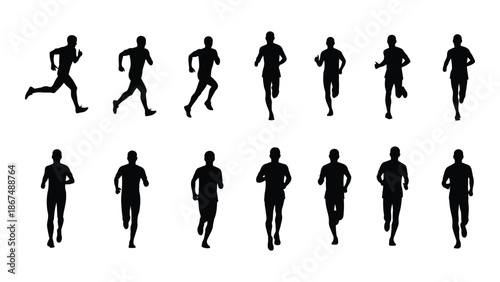 Silhouettes of running people demonstrating different stages of a running cycle