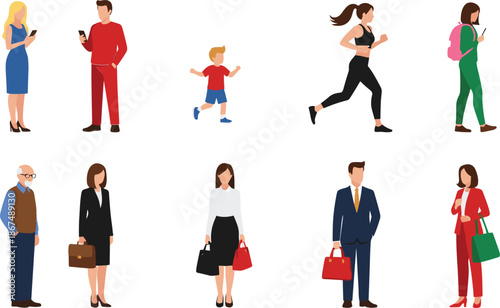Diverse People Daily Activities Illustration Set with Walking, Running, Smartphone Using, Business Characters in Modern Flat Style Designs