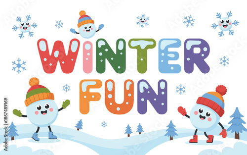 Winter Fun Colorful Cartoon Illustration with Happy Snowman Characters and Snowflakes on Snowy Hills