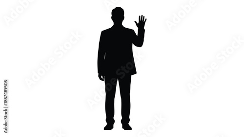 Silhouette of a man in a suit waving his hand isolated on white