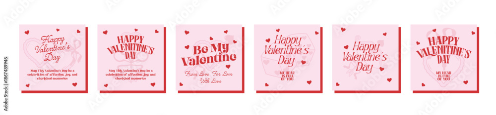 Obraz premium Concept of Valentine's Day cards. Trendy vector minimalist posters with typography design, heart, cherries, lips, lollipop for Valentine's Day party, banner, ads, branding, cover, sale, social media.