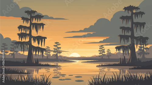 Serene swamp landscape with cypress trees and Spanish moss at sunset viewed from a tranquil waterside