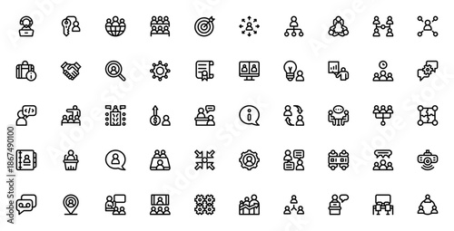 Discussion icon set. Business vector icons pack. Includes symbols for teamwork, meeting, conference, project, communication and more. Editable stroke.