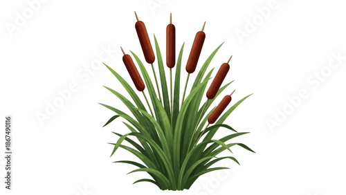 A close-up illustration of a cattail plant with green leaves and brown flowers in a natural setting from a front viewpoint