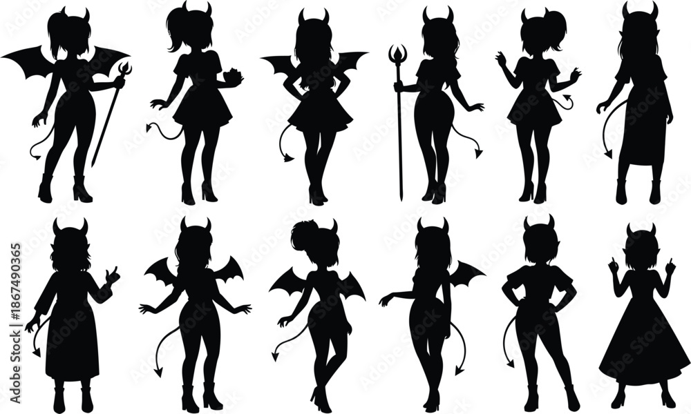 Fototapeta premium Collection of devil character silhouettes in various poses and outfits