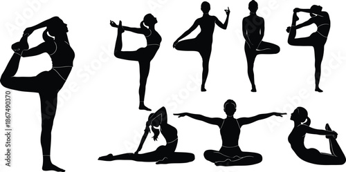 Yoga poses silhouette illustrations for fitness and wellness
