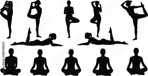 Yoga poses silhouette illustrations for fitness and wellness
