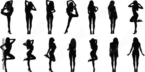 Collection of female silhouettes in various poses and dresses