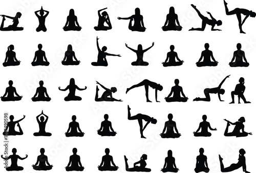 Collection of various yoga poses in silhouette form