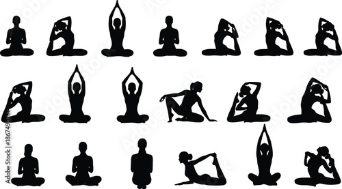 Yoga poses silhouette illustrations for fitness and wellness
