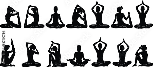 Yoga poses silhouette illustrations for fitness and wellness