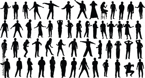 Collection of diverse human silhouettes in various poses and actions