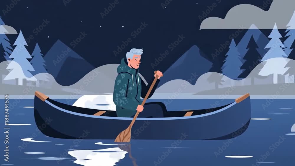Evening Serenity Animated Scene Of A Man Rowing A Boat On The Lake ...