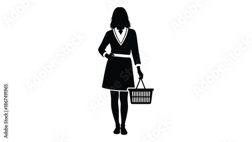 A simple black silhouette of a woman holding a shopping basket