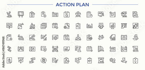 Action Plan vector icon set. Vector outline icons collection. Act icon pack. Contain linear symbols project, act, step, strategy, assessment, achieve and more.