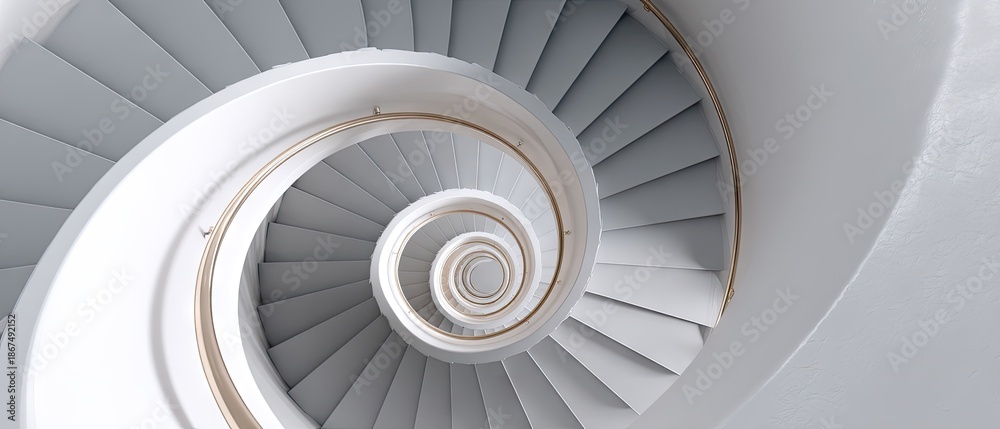 Fototapeta premium View from above of abstract spiral staircase with white and grey colors in modern interior space, perfect for adding text or promotion