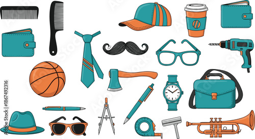 Men’s accessories and hobby icon set, personal items and tools, cartoon-style vector illustration, lifestyle and design theme