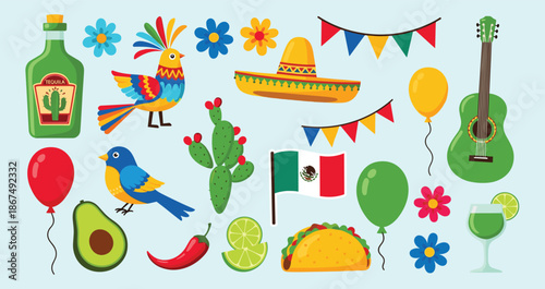 Mexican culture celebration icon set, festive elements and food, cartoon-style vector illustration, Cinco de Mayo theme