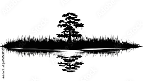 Serene landscape illustration of trees and grass reflected in calm water from a distant viewpoint