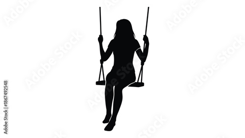 Silhouette of a woman peacefully swinging on a simple rope swing outdoors