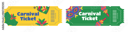 Set of entry tickets for Brazilian Carnival with masks feathers costumes drums and maracas