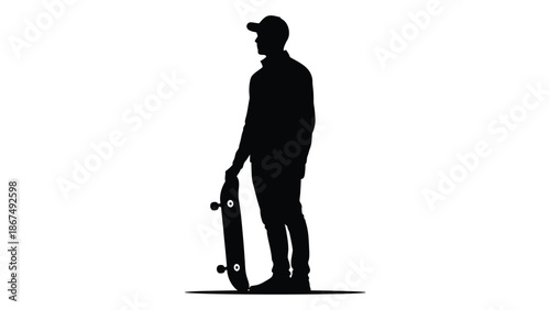 Silhouette of a skateboarder holding a skateboard against a white background