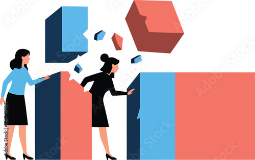 Women breaking barriers and overcoming challenges flat vector