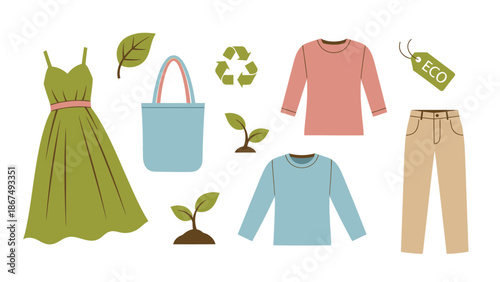Sustainable Fashion Icons: Eco Clothing, Bag, Leaves, Recycle Symbol