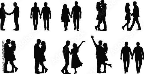 Silhouettes of couples in affectionate and expressive poses, holding hands, hugging, kissing, dancing, walking together, celebrating love and companionship